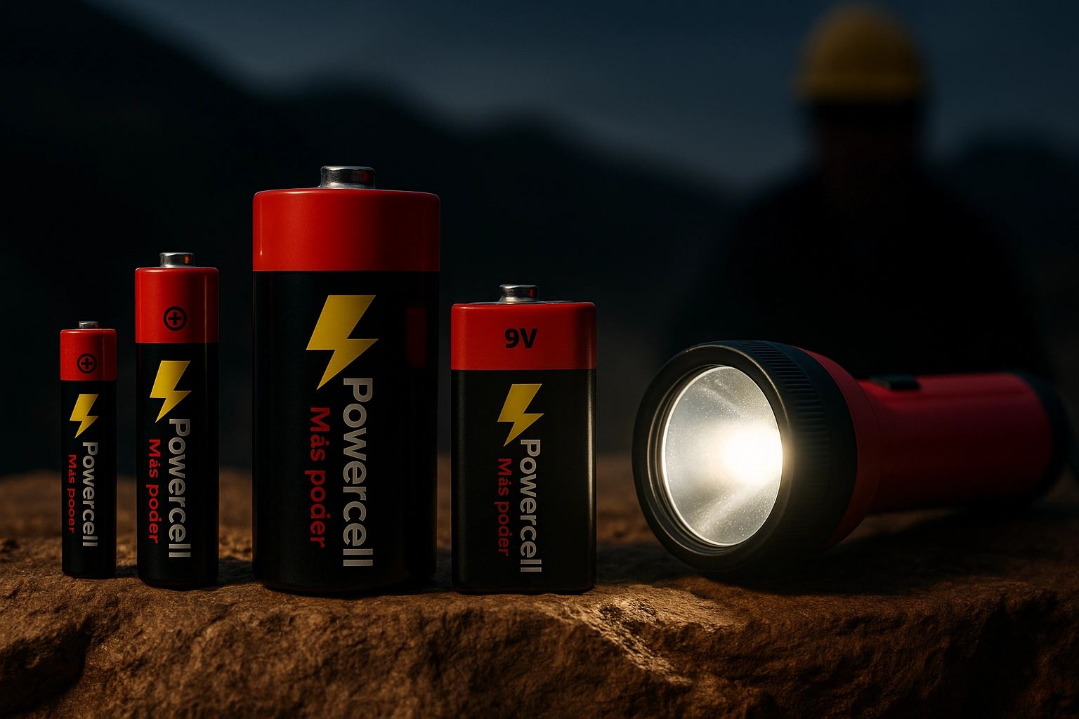 Linterna Powercell sobre roca - pilas zinc carbón AA